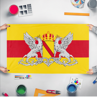 A mockup of the custom flag 'Grand Duchy of Baden Flag' held up on a table during print checking