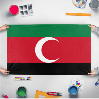 A mockup of the custom flag 'Fur People of Darfur Flag' held up on a table during print checking