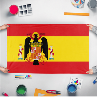 A mockup of the custom flag 'Francoist Spain Flag' held up on a table during print checking
