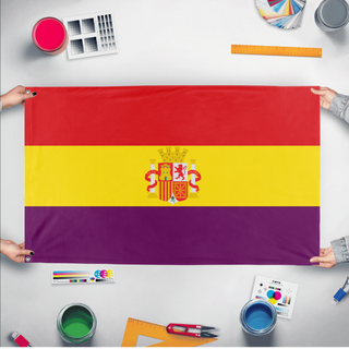 A mockup of the custom flag 'Second Spanish Republic Flag' held up on a table during print checking