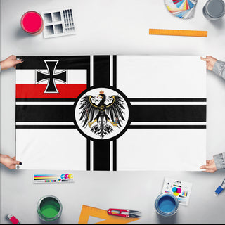 A mockup of the custom flag 'WW1 War Ensign of Germany flag' held up on a table during print checking