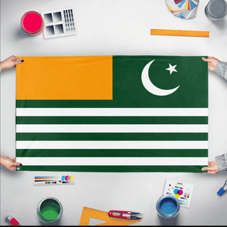 A mockup of the custom flag 'Azad Kashmir Flag' held up on a table during print checking