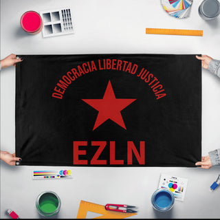 A mockup of the custom flag 'Zapatista Army of National Liberation Flag' held up on a table during print checking