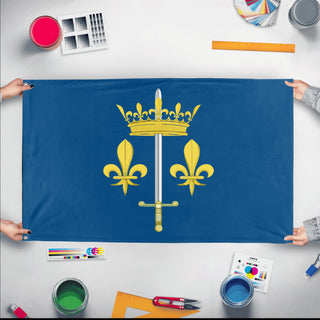 A mockup of the custom flag 'Joan of Arc Flag' held up on a table during print checking