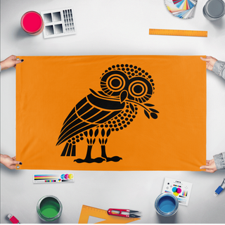A mockup of the custom flag 'Ancient Athens Flag' held up on a table during print checking