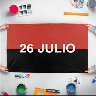 A mockup of the custom flag '26th of July Movement Flag' held up on a table during print checking