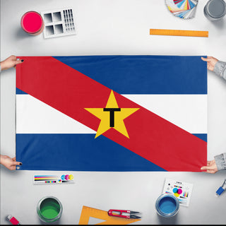 A mockup of the custom flag 'Tupamaros Flag' held up on a table during print checking