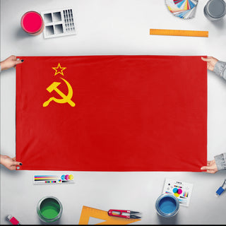 A mockup of the custom flag 'Soviet Union flag' held up on a table during print checking