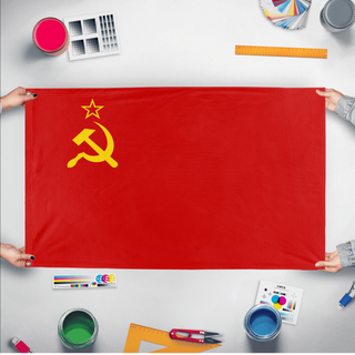 A mockup of the custom flag 'USSR Flag' held up on a table during print checking