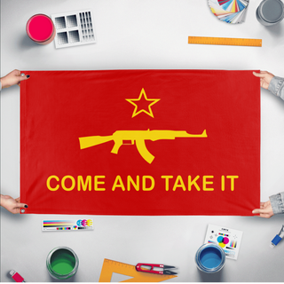 A mockup of the custom flag 'Socialist Rifle Association Flag' held up on a table during print checking