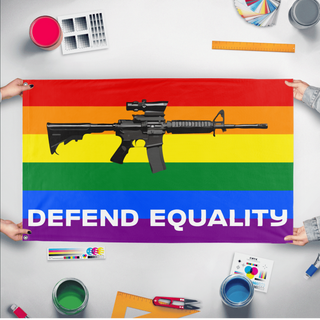 A mockup of the custom flag 'Defend Equality Flag' held up on a table during print checking
