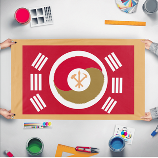 A mockup of the custom flag 'Peoples Empire of Korea flag' held up on a table during print checking