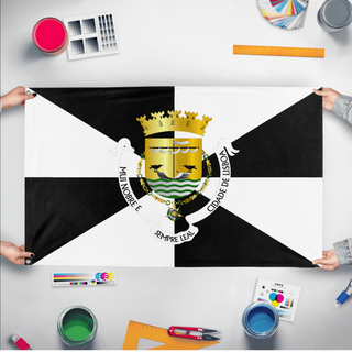 A mockup of the custom flag 'Lisbon Flag' held up on a table during print checking