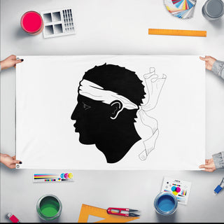 A mockup of the custom flag 'Corsica Flag' held up on a table during print checking