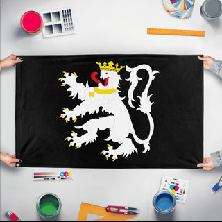 A mockup of the custom flag 'Ghent Flag' held up on a table during print checking