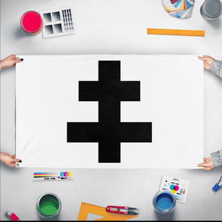 A mockup of the custom flag 'Roeselare Flag' held up on a table during print checking