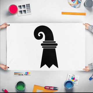 A mockup of the custom flag 'Basel-Stadt Flag' held up on a table during print checking