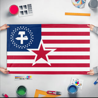 A mockup of the custom flag 'USA flag' held up on a table during print checking