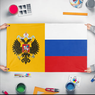 A mockup of the custom flag 'Russian Empire Flag' held up on a table during print checking