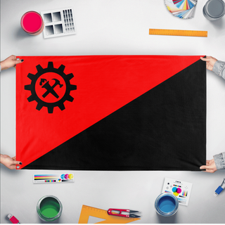 A mockup of the custom flag 'Anarcho-syndicalism  Flag' held up on a table during print checking