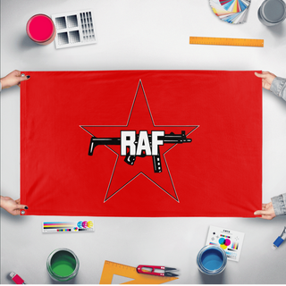 A mockup of the custom flag 'Red Army Faction flag' held up on a table during print checking