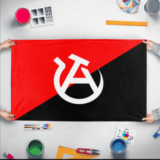 A mockup of the custom flag 'Anarcho Communist Flag' held up on a table during print checking