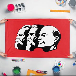 A mockup of the custom flag 'Communist Flag' held up on a table during print checking