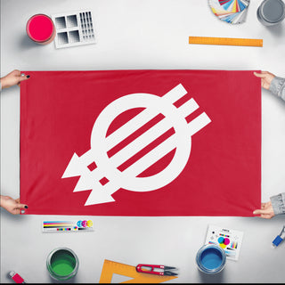 A mockup of the custom flag 'Anti-Authoritarian Flag' held up on a table during print checking