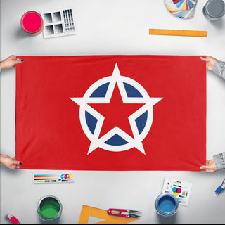 A mockup of the custom flag 'Flag of Democratic Socialism flag' held up on a table during print checking