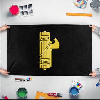 A mockup of the custom flag 'Fascist Flag' held up on a table during print checking