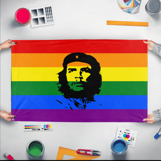 A mockup of the custom flag 'Che Guavara Pride Flag' held up on a table during print checking