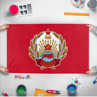 A mockup of the custom flag 'Bolshevik Flag' held up on a table during print checking