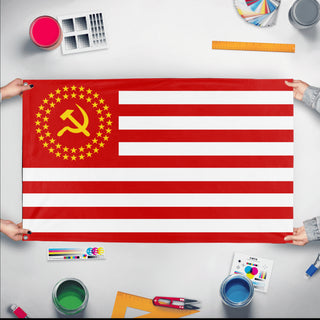 A mockup of the custom flag 'Socialist America Flag' held up on a table during print checking