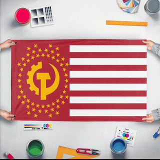 A mockup of the custom flag 'Communist America Flag' held up on a table during print checking