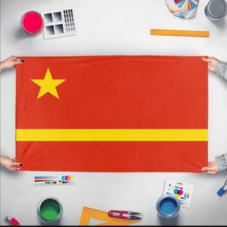 A mockup of the custom flag 'Socialist China Flag' held up on a table during print checking