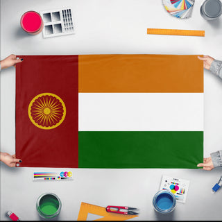A mockup of the custom flag 'Socialist India Flag' held up on a table during print checking