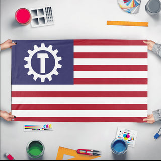A mockup of the custom flag 'Socialist USA Flag' held up on a table during print checking