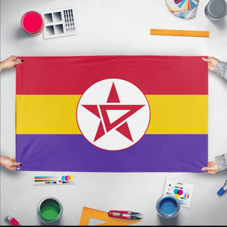 A mockup of the custom flag 'Socialist Spain Flag' held up on a table during print checking