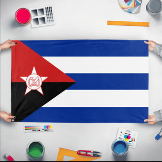 A mockup of the custom flag 'Socialist Cuba Flag' held up on a table during print checking