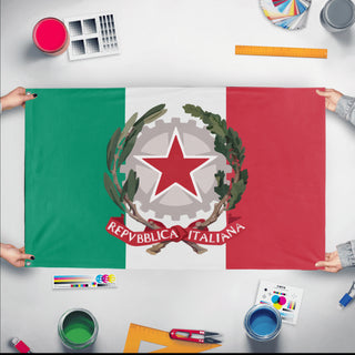 A mockup of the custom flag 'Socialist Italy Flag' held up on a table during print checking