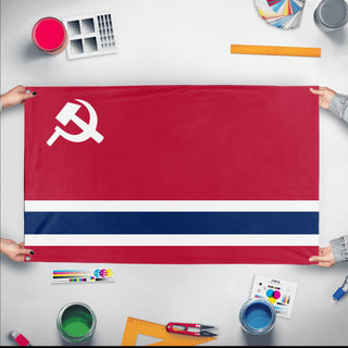 A mockup of the custom flag 'Socialist Norway Flag' held up on a table during print checking