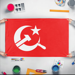 A mockup of the custom flag 'Socialist Turkey Flag' held up on a table during print checking