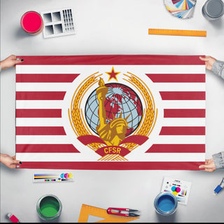 A mockup of the custom flag 'Socialist Commonwealth of United States Flag' held up on a table during print checking