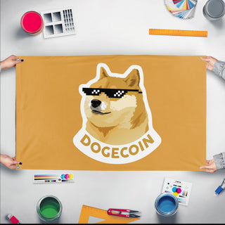 A mockup of the custom flag 'Crypto Doge Flag' held up on a table during print checking