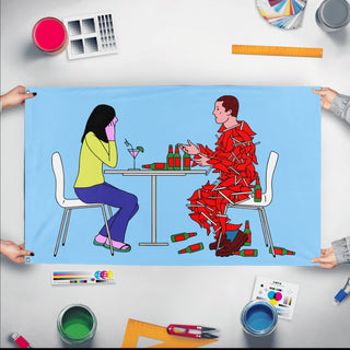 A mockup of the custom flag 'Dating Red Flags flag' held up on a table during print checking