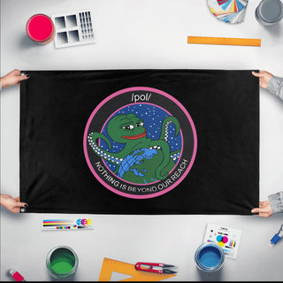 A mockup of the custom flag 'Kekistani /pol/ Flag' held up on a table during print checking