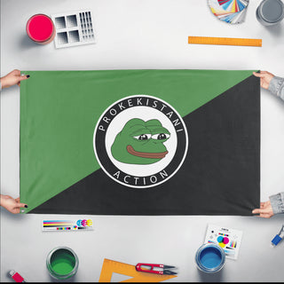 A mockup of the custom flag 'Prokekistani Action flag' held up on a table during print checking