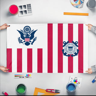 A mockup of the custom flag 'US Coast Guard Flag' held up on a table during print checking