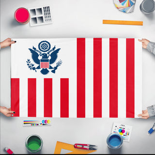 A mockup of the custom flag 'United States Customs Flag' held up on a table during print checking