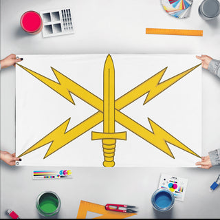 A mockup of the custom flag 'US Army Cyber Branch Flag' held up on a table during print checking